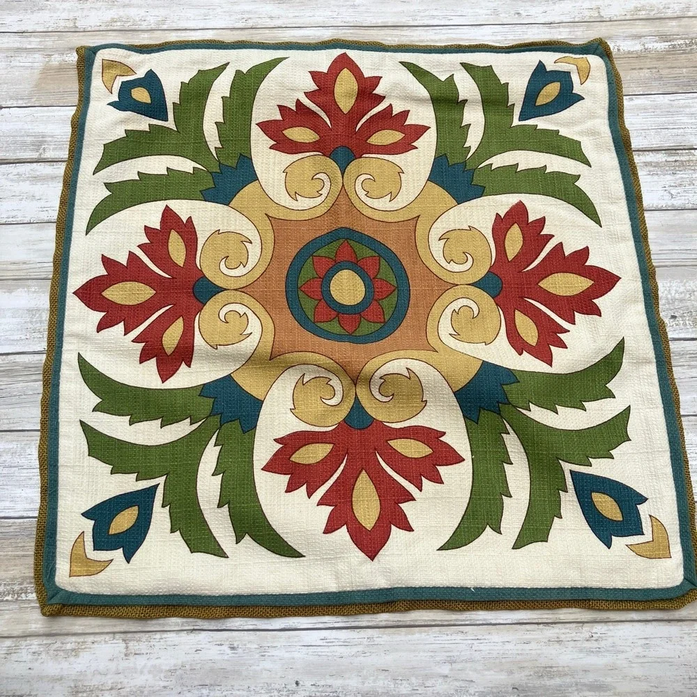 Pier 1 Throw Pillow Cover Sham‎ Cotton Bohemian Green Cream Colorful 19.5